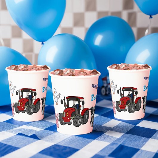 Gobelets En Papier Ferme animale d'anniversaire avec tracteur rouge
