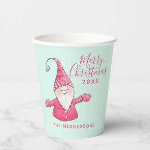 Gobelets En Papier Festif Gnome rose et vert menthe Noël