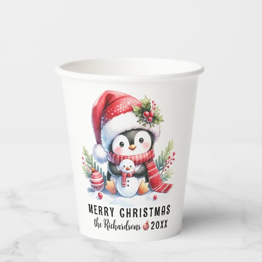 Gobelets En Papier Festif Rouge blanc mignonne pingouin Joyeux Noël (Recto)