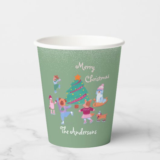 Gobelets En Papier Festive Dog Ice Skating Name Pistachio Green Xmas (Recto)