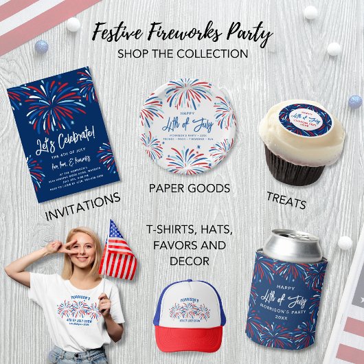 Gobelets En Papier Festive Moderne Fireworks, 4 juillet texte personn