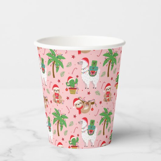 Gobelets En Papier Festive Sloths and Llamas Motif de vacances (Recto)