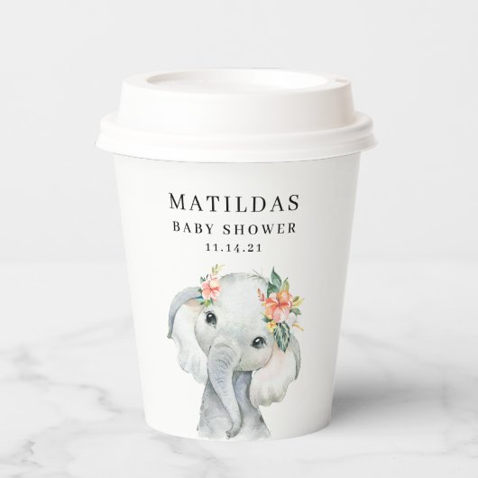 Gobelets En Papier Fête baby shower d'éléphant aquarelle (Recto)