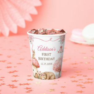 Gobelets En Papier Fête d'anniversaire 1 an fille Animaux de la forêt