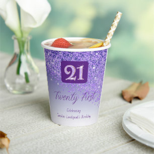 Gobelets En Papier Fête d'anniversaire 21 ans paillettes violettes br