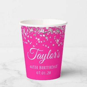 Gobelets En Papier Fête d'anniversaire 40 ans rose vif paillettes arg
