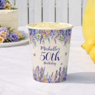 Gobelets En Papier Fête d'anniversaire 50 ans Lavande Violette Floral