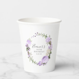 Gobelets En Papier Fête d'anniversaire 90 ans Rose Violette Floral Pe