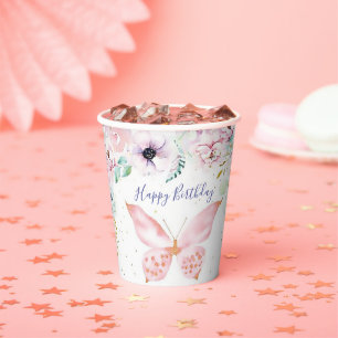 Gobelets En Papier Fête d'anniversaire bébé papillon et floral pastel