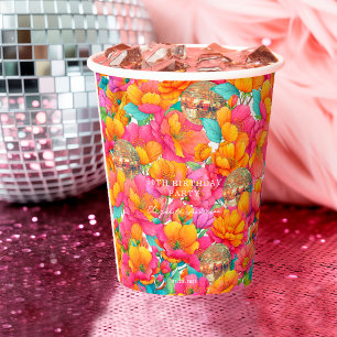 Gobelets En Papier Fête d'anniversaire boule disco florale rose vif o