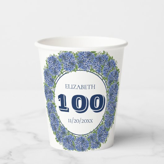 Gobelets En Papier Fête d'anniversaire de 100 ans d'Hydrangea Bleu Fl (Recto)