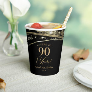 Gobelets En Papier Fête d'anniversaire de 90 ans en Agate Noir Or Élé