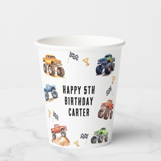 Gobelets En Papier Fête d'anniversaire des Enfants Monster Trucks (Recto)