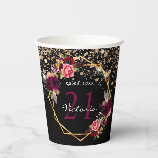Gobelets En Papier Fête d'anniversaire flores d'or noir parties scint (Verso)