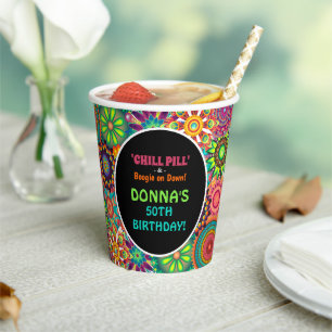 Gobelets En Papier Fête d'anniversaire Flower Power 70's Colorée