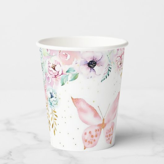 Gobelets En Papier Fête d'anniversaire Pastel aux fleurs et aux papil (Verso)