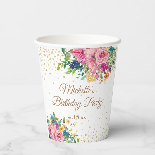 Gobelets En Papier Fête d'anniversaire rose bleu jaune (Verso)