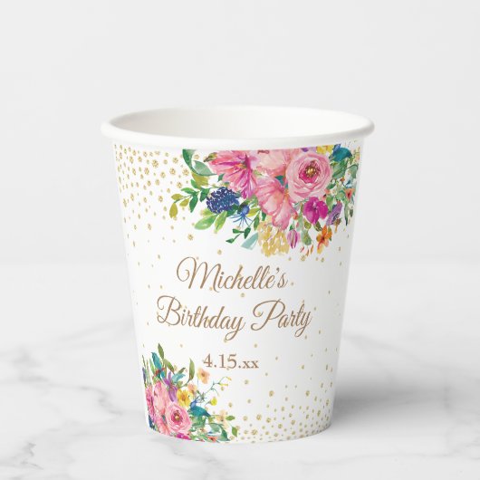 Gobelets En Papier Fête d'anniversaire rose bleu jaune (Recto)