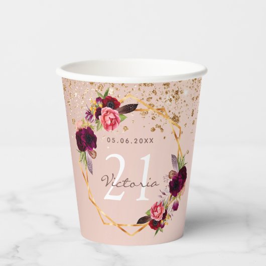 Gobelets En Papier Fête d'anniversaire rose or bordeaux parties scint (Recto)