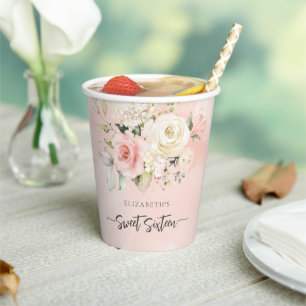 Gobelets En Papier Fête d'anniversaire Sweet 16 fleurs roses