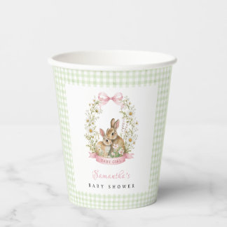 Gobelets En Papier Fête de Bébé Fille au Lapin Vintage en Vichy Vert