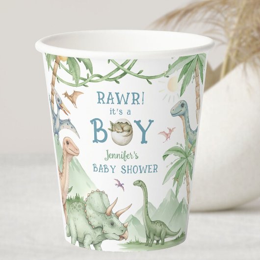 Gobelets En Papier Fête de Bébé Garçon Dinosaure Rawr