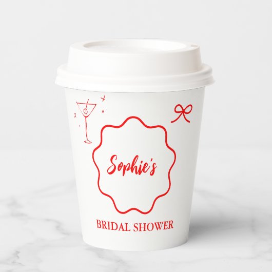 Gobelets En Papier Fête de mariage avec bordure rétro ondulée rose et (Recto)