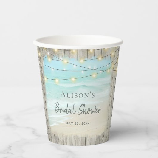 Gobelets En Papier Fête de Mariage de Plage Côtière Rustique en Bois (Recto)