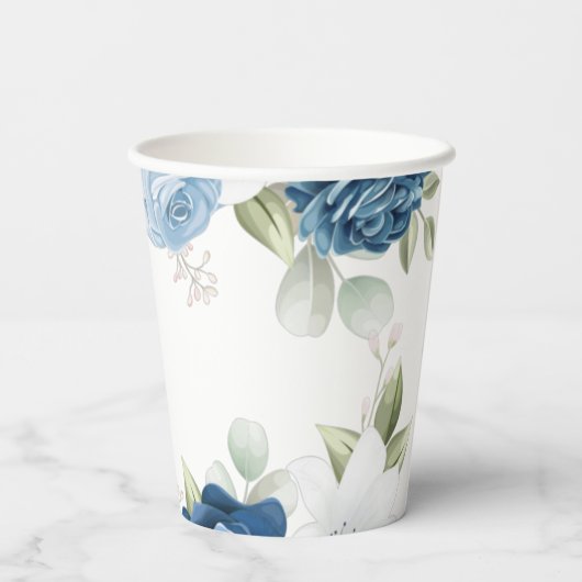 Gobelets En Papier Fête de mariage élégante aux fleurs bleues poussié (Verso)