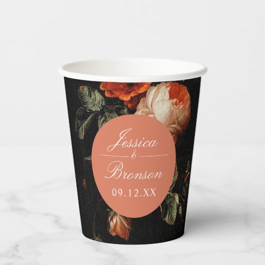 Gobelets En Papier Fête de Mariage Fleurs Romantiques Sombres Rose Ro (Verso)