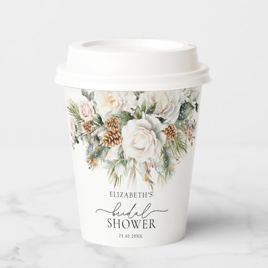 Gobelets En Papier Fête de mariage floral hivernal élégant avec feuil (Recto)