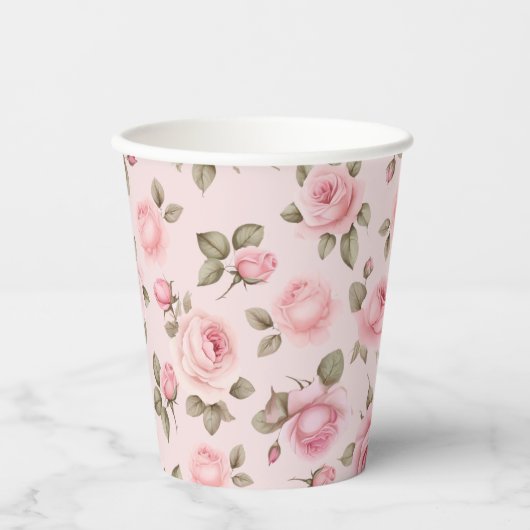 Gobelets En Papier Fête de mariage floral rose pastel (Recto)