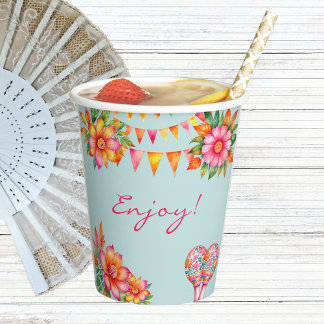 Gobelets En Papier Fête de mariage mexicain fleuri rose