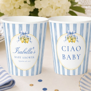 Gobelets En Papier Fête de naissance Amalfi bébé Lemon et ruban rayé
