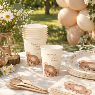 Gobelets En Papier Fête de naissance ourson mignon forêt aquarelle