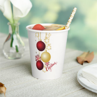Gobelets En Papier Fête de Noël blanche, or et rouge