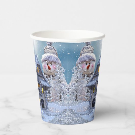 Gobelets En Papier Fête de Noël Hiver Blanc Snowman Bleu Russe (Droite)