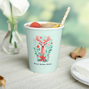 Gobelets En Papier Fête de Noël Reindeer Floral Green Holiday