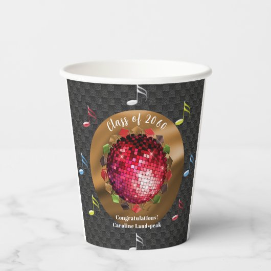 Gobelets En Papier Fête de remise de diplômes avec boule disco rouge (Verso)