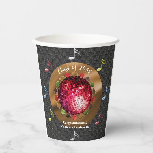 Gobelets En Papier Fête de remise de diplômes avec boule disco rouge (Recto)