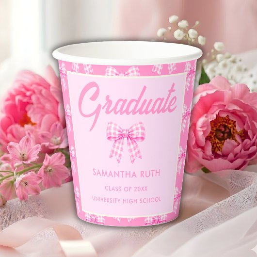 Gobelets En Papier Fête de remise de diplômes avec ruban gingham rose