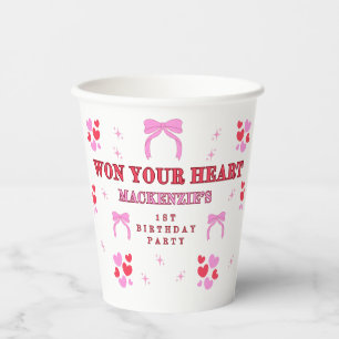 GOBELETS EN PAPIER FÊTE DES 1 AN DES FILLES CŒUR ROUGE 250 ML.