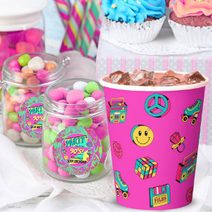 Gobelets En Papier fête des années 90 rose turquoise jaune mignon mot