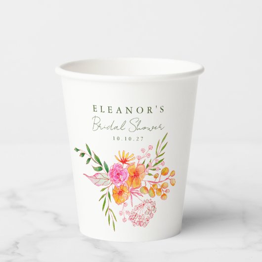 Gobelets En Papier Fête des mariées d'aquarelle couleur rose orange m (Recto)