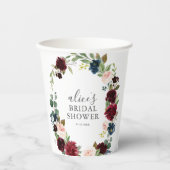 Gobelets En Papier Fête des mariées de fleurs bleues bordeaux rustiqu (Recto)