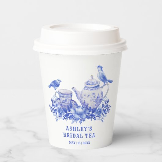 Gobelets En Papier Fête des mariées florale bleue et blanche | Tea Pa (Recto)