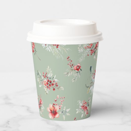 Gobelets En Papier Fête des mariées florale rouge et verte d'hiver (Recto)