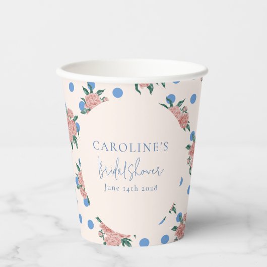 Gobelets En Papier Fête des mariées Retro Peony Floral Blue Dots sur (Recto)