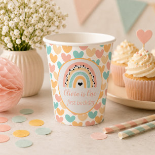 Gobelets En Papier Fête du 1er anniversaire Arc-en-ciel & Cœurs