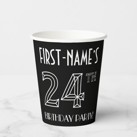 Gobelets En Papier Fête du 24e anniversaire : Style Art Déco + Nom pe (Verso)